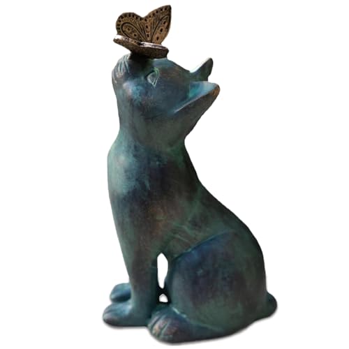ptumcial Statue de Chat pour Jardin Adorable Statue de Chat avec Papillon Figurines en résine Cadeau commémoratif décoratif pour pelouse terrasse Jardin.