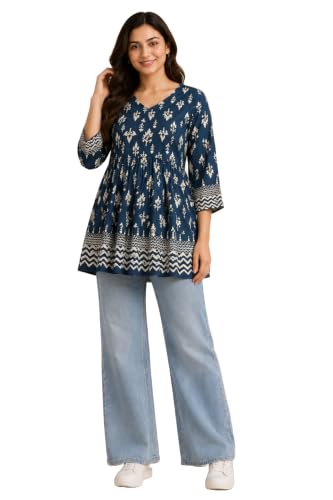 Image of Women's Floral Printed Cotton Kurti Summer Cotton Tunic Top for Girls