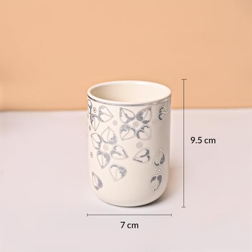 Image of Market99 Ceramic Bathroom Set Glossy White and Grey with Sophisticated Leaf Design, Includes Soap Dispenser, Tumbler, Toothbrush Holder, and Soap Dish for Coordinated Bathroom Style, 300 ML Capacity