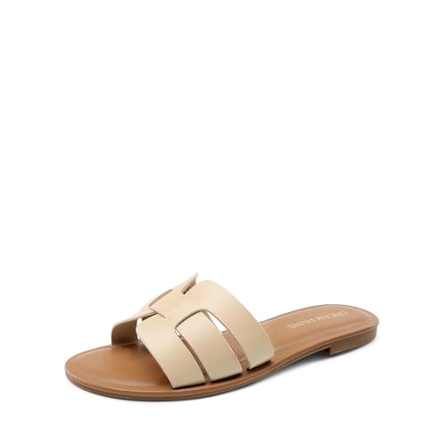 DREAM PAIRS Women's Dressy Slide Sandals Slip-on Open Round Toe Flat Sandals Fashion Casual Comfortable Summer Beach Walking Slides
