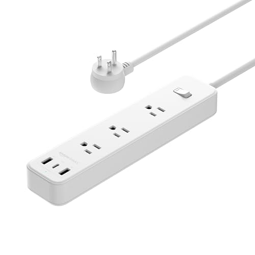 Amazon Basics Rectangle Power Strip 3 Outlet 3 USB Ports, 1 USB-C and 2 USB-A, 5 ft Extension Cord, for Home, Office, Travel, White