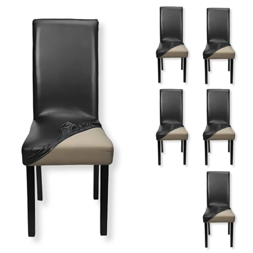 Image of Qlarity Covers PU Leather Dining Chair Covers | Waterproof & Elastic Kitchen Chair Slipcovers for Stain /Scratch Protection | Soft & Well-Fitted Parsons Covers for Dining Room | Black | Set of 6