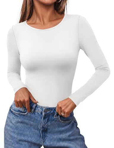 Ekouaer Long Sleeve Shirts for Women Scoop Neck Tight Slim Basic Fitted Top - image 1