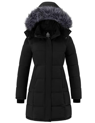 wantdo Women's Waterproof Winter Coat Warm Long Puffer Jackets with Faux Fur Hood Thicken Parka