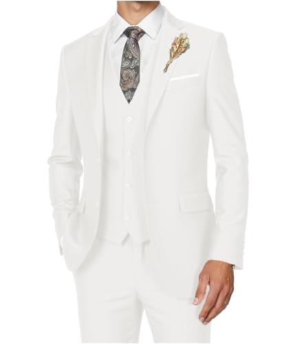 Men's Suits Slim Fit Classic 3 Piece Ivory White Tuxedo for Men Suit Wedding Business Prom Dress Outfit Solid Blazer Jacket Big and Tall Set,Size 3XL
