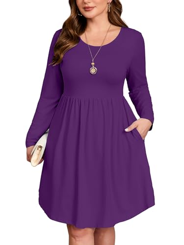 Image of AusLook Women's Plus Size Long Sleeve Midi Dress Casual Empire Waist Loose Flowy Dresses A-Line Boho Long Dress with Pockets