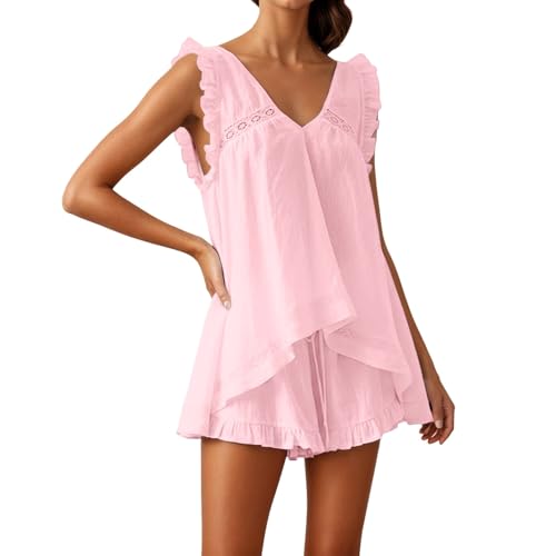 Pyjama ete femme 2 pieces ultra leger avec short et debardeur court respirant a volants