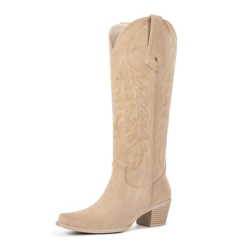 Image of wetkiss Cowboy Boots Womens Knee High Cowgirl Boots Embroidered Pointed Toe | Cowgirl Boots, Retro Embroidery, Block Heel, Stable and Comfortable, Pull-On, Style for a Classic Vintage Western Look