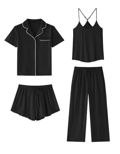 SAPJON Womens Soft Pajama Sets 4 Pcs Button Down Short Sleeve Top and Pants Cami and Ruffle Shorts Pjs Lounge Sets Sleepwear Black