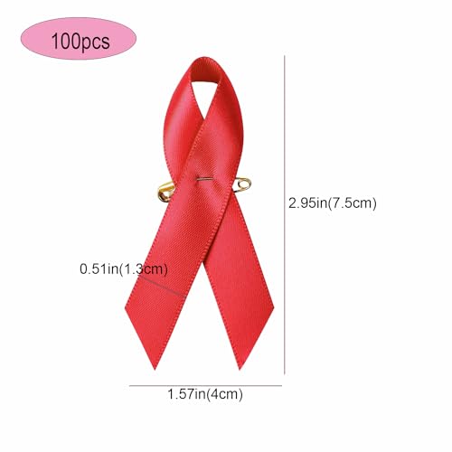 Image of 100pcs Red Ribbon Satin Pins Heart Disease HIV /AIDS Awareness Drug Prevention DUI Awareness Brooch with Safety Pin for Men and Women