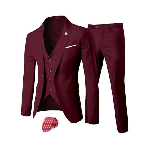Conjunto de 3 peças de terno masculino sólido da MY's, calça jaqueta de ajuste slim com um botão e gravata, Deep Burgundy, Medium