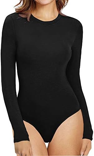 MANGOPOP Women's Crew Neck Short Sleeve Long Sleeve T Shirts Bodysuit Jumpsuit (B Long Sleeve Black, Medium)