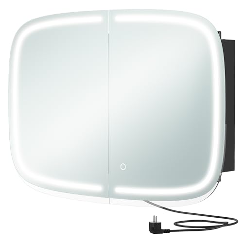 VASAGLE Armadietto Bagno da Parete con Specchio e Luce, Mobiletto Pensile Bagno con Stazione di Ricarica, 2 Ripiani Regolabili, Angoli Arrotondati, Nero Inchiostro BBK128B01V1