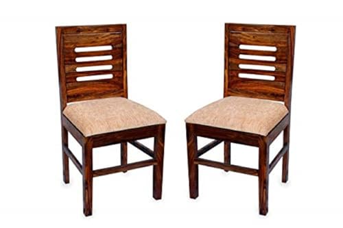 Image of Solid Sheesham Wood Wooden Dining Chairs Set of 2, Study Chairs for Home - Natural Brown with Cushions