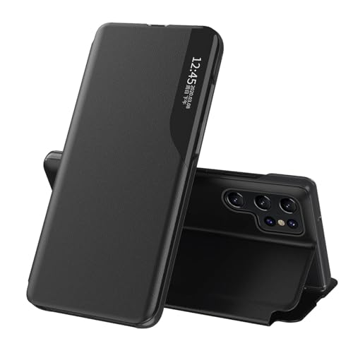 Étui Samsung S25 Plus à rabat noir avec béquille intégrée et vue transparente