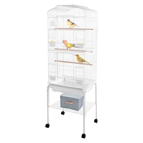 RjcdOPL Cage à Oiseau Métal sur Pied, Volière sur roulettes, Plateau Amovible, Abreuvoir et Bols Inclus, 3 Perchoirs, 47 × 37 × 137,5 cm, pour Calopsittes...