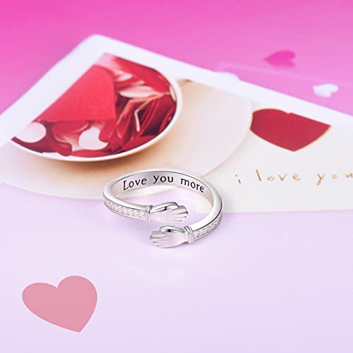S925 Sterling Silver Hug Ring Love You More/Always My Mother Forever My Friend/I Love You Forever Adjustable Hug Rings for Women Silver Hugging Hand Jewelry Open Promise Ring Jewelry Hug Hands Rings Couples Wedding Bands4