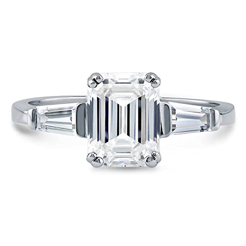 Berricle Sterling Silver 3-Stone Wedding Engagement Rings Emerald Cut Cubic Zirconia Cz Anniversary Ring For Women, Rhodium Plated Size 7 #TOP1