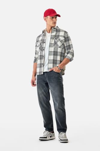 Image of SNITCH Men Casual Jeans | Relaxed Fit Straight Leg Washed Pattern & Drawstring Closure | 100% Cotton Denim Fabric for All Day Comfort & Everyday Wear