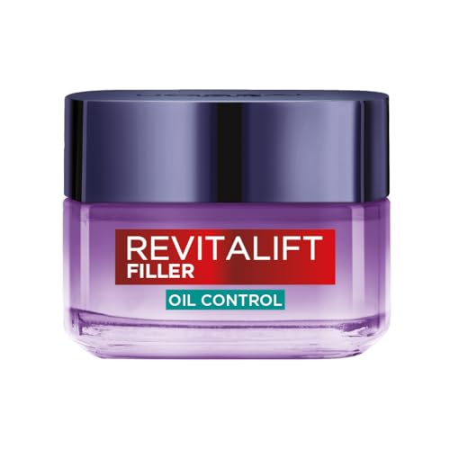 L'Oréal Paris Crema Anti-Lucidità Oil Control, Per Pelli Miste e Grasse, Controllo del Sebo per 8H, Pelle Meno Lucida e Rimpolpata, Con Acido Ialuronico e Acido Salicilico, Revitalift Filler, 50 ml