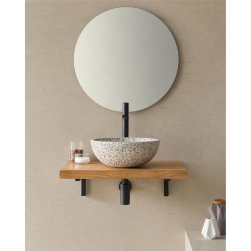 MG Valencia Ensemble Oracle Meuble Salle de Bain avec Vasque – Lavabo Salle de Bain en Terrazzo Gris, Plan Vasque en Teck Massif 60 cm, Meuble Suspendu avec Supports Métalliques Noirs