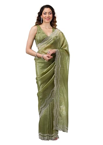 Image of TRENDMALLS Women's Tussar Silk Siroski With Zarkan Work Saree with Unstitch Blouse Piece