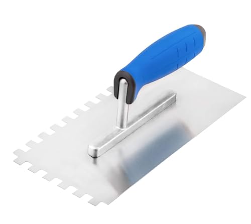 Paleta de azulejos de acero inoxidable con muescas de 270 mm - 10 x 10 mm, esparcidor adhesivo de muesca cuadrada con mango suave para proyectos de azulejos de pared y suelo, herramienta duradera y