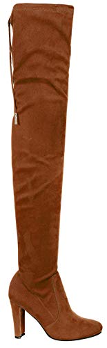 Eve 01 Womens Stretchy Thigh High Pull String Chunk Heel Combat Boots Camel 6 - Thumbnail 2