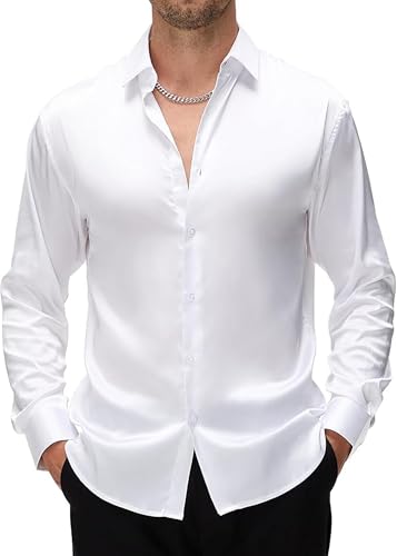 Image of CB-COLEBROOK Mens Stylish Solid Silk Satin Casual Dress Shirts for Men Shiny Long Sleeve Button Down Shirt Party Prom Wedding Shirt for Mens