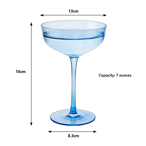 The Wine Savant Colored Coupe Glass | 7Oz | Set Of 4 Colorful Champagne & Cocktail Glasses, Fancy Manhattan, Crystal Martini, Cocktails Set, Margarita Bar Glassware Gift, Vintage (Blue) #TOP5