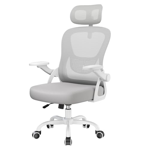 naspaluro Office Desk Ergonomic Chair with Flip-up Armrests/Headrest/Back Support Comfy Computer Small Heavy Duty Swivel Chairs for Home Office Comfortable Gray Study Work Mesh PC Chairs & Stools