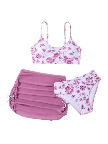 Image of COZYEASE Girls' 3 Piece Set Floral Print Bikini Swimsuit with Drawstring Beach Skirt Cute Ruched Bathing Suit