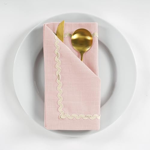 Image of FINGERCRAFT Cloth Napkins Set of 6, 18x18 Inch, 100% Cotton Table Napkins with RIC Rac Scallop Lace Trim, Reusable Washable Dinner Napkins for Wedding, Party, Dining & Home Decor (Pink)