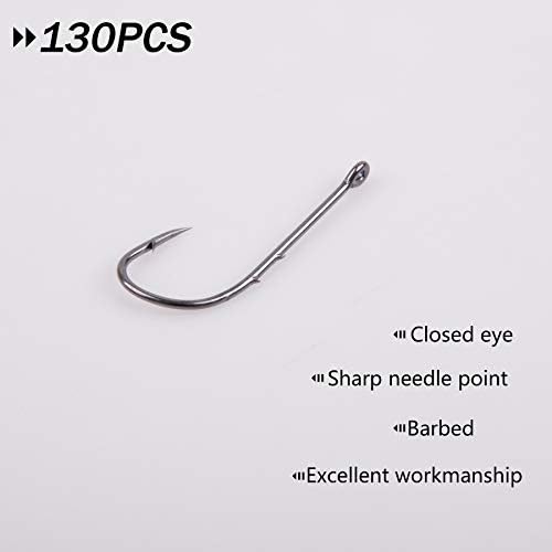 130pcs Baitholder Fishing Hooks Set Carbon Steel Black Barbed Baitholder Fishing Jig Hooks Kit in plastic box for Freshwater Saltwater Sizes 1#-2/0