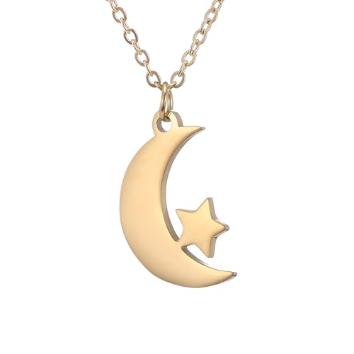 Image of IMINI Minimalist Crescent Moon Star Pendant Necklace - Adjustable Stainless Steel Chain 42-47cm, Simple Trendy Celestial Jewellery for Women, Every Day Wear & Birthday (Gold)