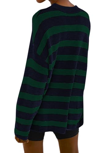 Poetsky Womens Oversized Striped Batwing Long Sleeve Crewneck Cable Knit Spring Fall Pullover Sweaters