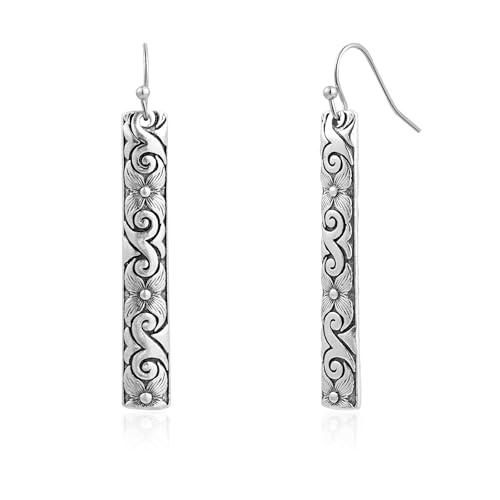 Watforsh Sterling Silver Dangle Earrings for Women Shaped Chunky Bar with Carved Black and Silver Earrings Boho Long Drop Statement Western Jewelry
