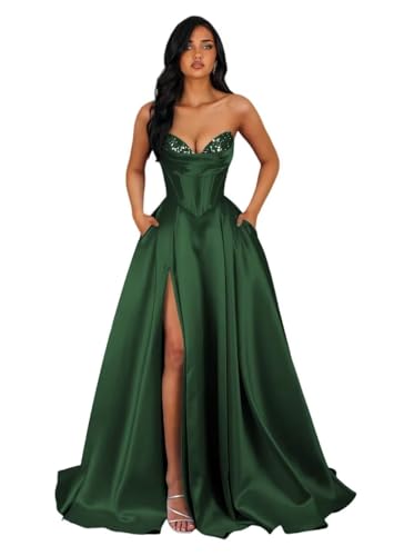 AKMESXAY Women's Strapless Sequin Satin Prom Dresses for Teens with Slit 2026 A Line Corset Sequin Formal Party Dress Short Dark Green 4