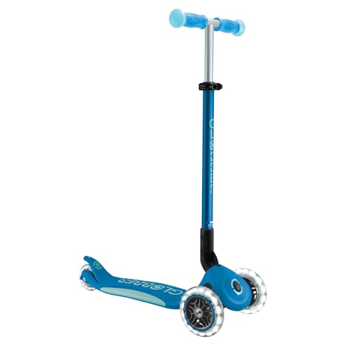 GLOBBER Elite Glow Lights – Patinete infantil 120/80 mm, 3 ruedas, ajustable, con luz LED, efecto brillante, color azul petróleo