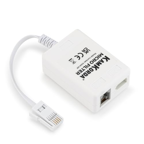 KamKorda Micro Filter Adapter – ADSL Microfilter RJ11 Splitter & Phone‑to‑Ethernet Adapter (BT/Sky/PlusNet/PlusTalk/Vodafone), White, Compact