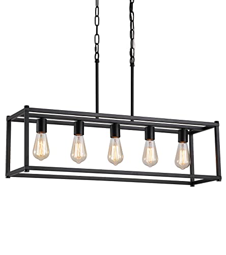 AMZASA Luminária de ilha industrial preta com 5 luzes, lustre de casa de fazenda retangular moderno
