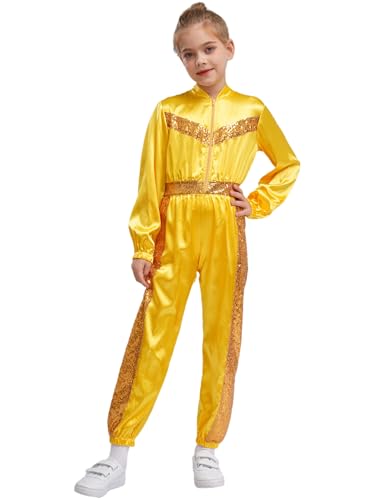 Image of Freebily Kids Girls Sparkly Sequin Satin Jumpsuit Long Sleeve Zipper Party Romper Playsuit Dance Prom Catsuit Gold 5-6 Years