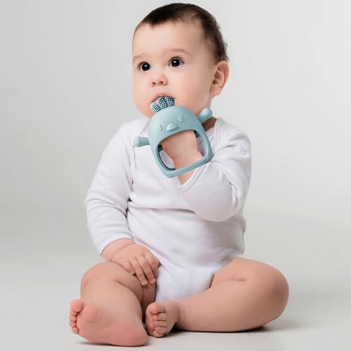PandaEar 2 Pack Silicone Baby Teething Toys| Baby Hand Teether Mitten for Sucking Needs| Baby Chew Toys Hand Pacifier for Soothing Teething Pain Relief (White/Blue) - 1