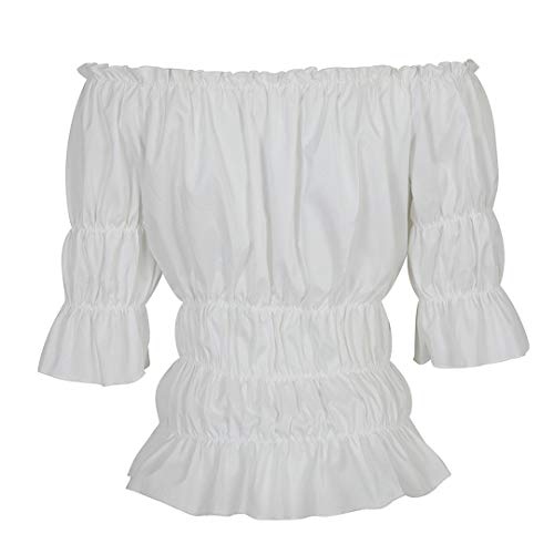 Women Renaissance Blouse Victorian Steampunk Pirate Shirt Off Shoulder Short Sleeve Smocked Blouse Tops White Small #TOP2