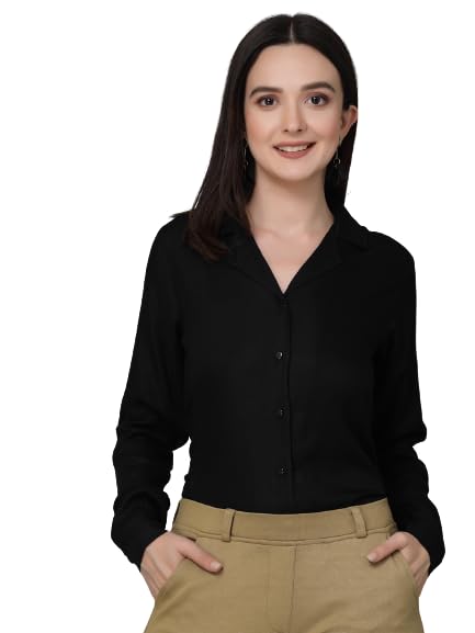KRAVEWomen Solid Black Rayon Formal Shirt