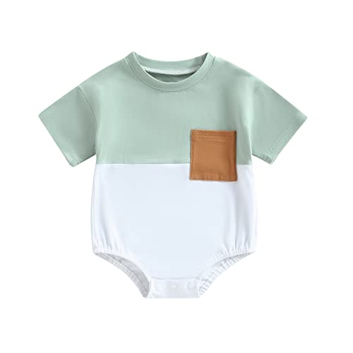 Kaipiclos Infant Baby Boy Girl Sweatshirt Bubble Romper Color Block Long Sleeve Hoodie Pullover Sweater Fall Winter Clothes (Color Block Short Sleeve Light Green, 0-3 Months) #TOP22