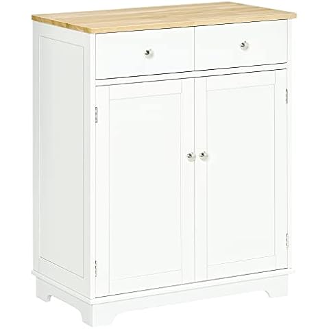 HOMCOM Sideboard with Solid Wood Countertop, Modern Kitchen Storage Cabinet, Coffee Bar Cabinet with 2 Drawers, Doors and Adjustable Shelf, White Cover