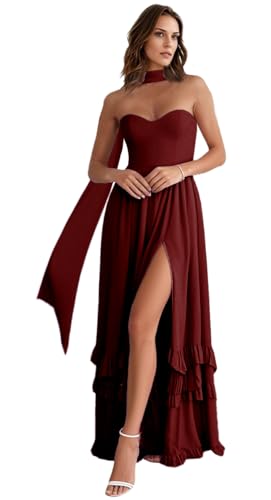 Floral Chiffon Bridesmaid Dresses for Women Ruffle Prom Dress with Scarf A Line Long Formal Evening Party Gowns with Slit