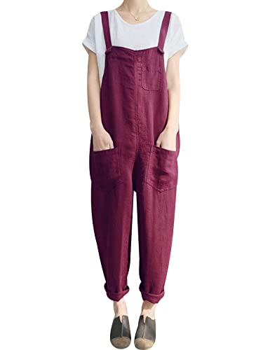 Gihuo Women's Casual Baggy Loose Cotton Linen Overalls Jumpsuit（Wine-S） #TOP11