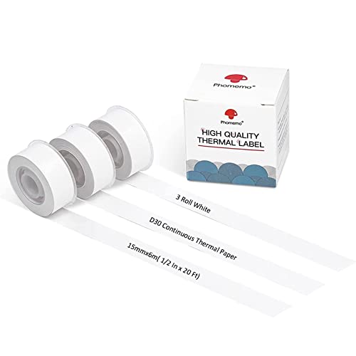 Phomemo D30 Continuous Adhesive Thermal Sticker Label 15mmx6m, 3roll, White, Waterproof, Oilproof, Used for Kitchen Marking, File Classification, Gift or DIY Label
